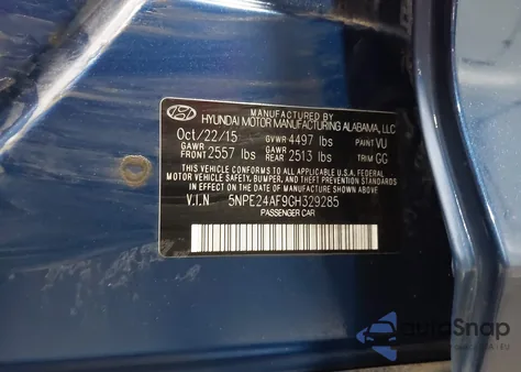 2016 Hyundai Sonata Se z USA, uszkodzony, nr VIN 5NPE24AF9GH329285